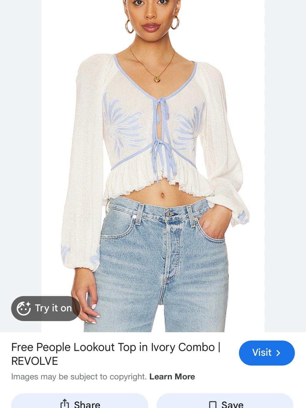 Free People Ivory and Light Blue Tie-Front Peasant Top